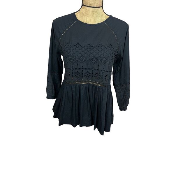 Blue Rain Peplum Black Top Blouse Shirt Size Small Cut Out Crochet Career - Picture 2 of 8